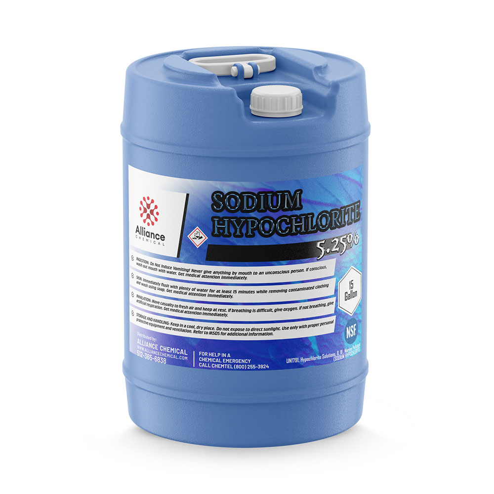 15-gallon blue HDPE drum of 5.25% Sodium Hypochlorite solution with NSF certification, corrosive warning symbol, and dual-port safety cap.